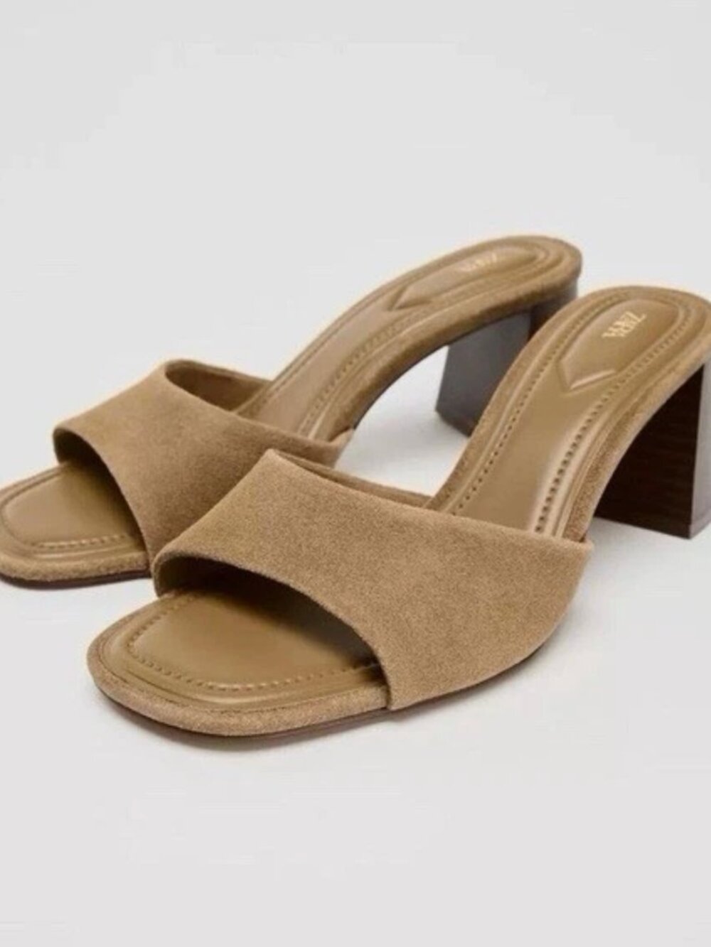 Zara Tan Camel Color Suede Leather Slip On 9.5 Sandals Block Heel 3 in 40